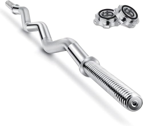 ATEK EZ Curl Bar, 4ft Standard Steel Curling Chrome Barbell Bar with Spinlock Collars Anti Slip Hand Grips, Dumbbell Bar for Weight Lifting Body Building, Muscle Build Workouts
