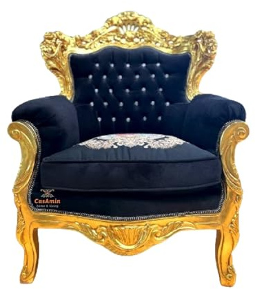 CasAmin Home & Living Sessel im Louis XV-Stil aus Beigem Samt, Sofasessel im Retro Barock Rokoko Stil mit Gold Finish für die Inneneinrichtung