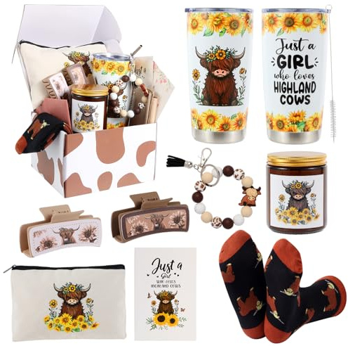 Highland Cow Gifts for Women Highland Cow Stuff Cow Themed Gifts for Cow Lovers Include Tumbler Mug Makeup Bag Hair Claw Clips Keychain Socks Candle Card for Highland Cow Lover Birthday Christmas