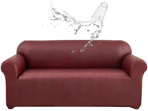 CLGTY Wasserdicht Sofa überzug 3 Sitzer, PU Leder Sofabezug 1 Stück Couch überzug Mit Elastischem Boden Waschbar Sofahusse Für Katze Hund-Weinrot-3 Sitzer