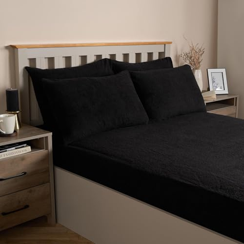 OHS 2 Pack Teddy Bear Fleece Pillowcases, Side Sleeper Winter Warm Cosy Soft Teddy Pillowcases Fluffy Fleece Hotel Quality Thermal Pillowcases Luxury Bedding, Black