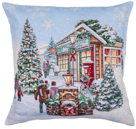 Home of Christmas Kissenhülle Weihnachten 45x45 cm Kissenbezug Gobelin Weihnachtskissen Sofakissen Dekokissen Kissen Reißverschluss (Schneebedecktes Dorf - Platz (Glitzernde))