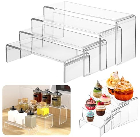 DHSWNNG 4PCS Acrylic Display Risers, Clear Acrylic Stand 4 Sizes Rectangular Riser Shelf Perfume Display Stand Display Shelves for Cupcake Toys Collectibles