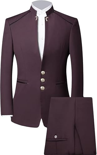 Costume Tunique Chinoise 2 Pièces pour Homme Ensemble Blazer à Col Mandarin Ensemble Pantalon Veste Boutonnée Robe de Marié Uniforme Traditionnelle (Vin Rouge A1,M)