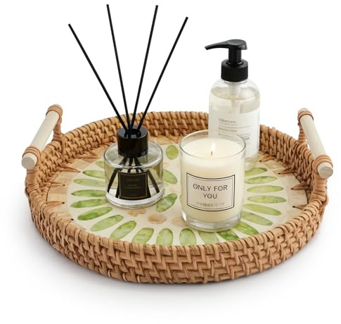 XINGYATU Rattan Woven Round Serving Tray with Handles, Wicker Basket Tray with Mother of Pearl Inlay, Decorative Coffee Table Trays for Fruit Storage, Farmhouse & Home Dining Decor
