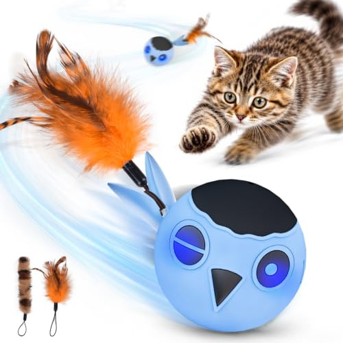 GoldenSun Katzenspielzeug, Interaktiver Katzenspielzeugball für Hauskatzen, Automatisch Beweglicher Blauer Ball, Schnell Bewegliches, Zwitscherndes, Anregendes Licht