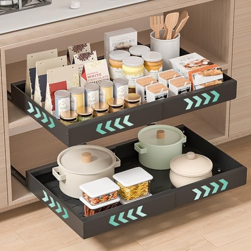 Lot de 2 Tiroir Coulissant Cuisine Adhesif: Rangement Coulissant Placard Cuisine - Plateau Coulissant à Largeur Réglable (32-53 cm L x 43 cm P x 7 cm H) - Sans perçage | Noir
