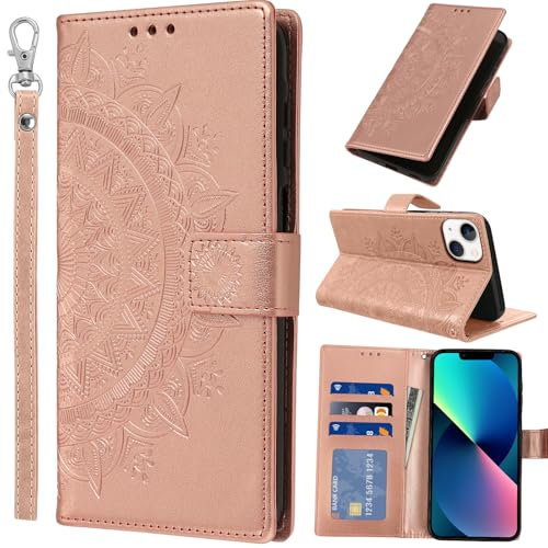 Pnakqil Coque pour Apple iPhone 13 avec Dragonne Portable, Téléphone Etui Protection, Pochette Portefeuille Porte-Cartes Support Rabat Cuir PU Magnétique Étui avec TPU Phone Housse, Or Rose