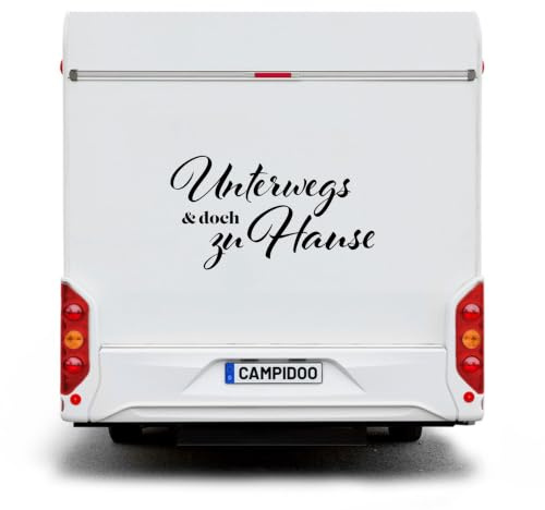CAMPIDOO Fahrzeug Aufkleber „Unterwegs und doch Zuhause“ | für Wohnmobil, Wohnwagen oder PKW, Fahrzeugaufkleber Spruch | Länge/Farbe: 100cm / Schwarz