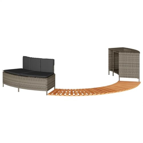 HUAKEHOM Whirlpool Umrandung Poolumrandung mit Regal Holzstufe Gartenbank Poolverkleidung mit Stahlrahmen Einfassung Grau Poly Rattan und Massivholz Akazie