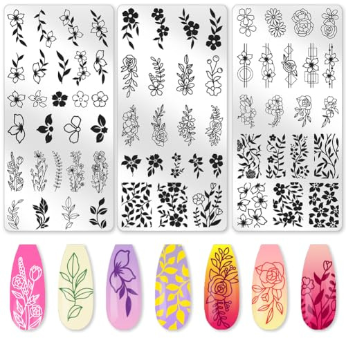 beinkmake 3Pcs Minimalist Floral Nail Stamping Plate Set, Delicate Line Rose Daisy Wildflower Vine Stainless Steel Nail Templates with Stamper & Scraper, Reusable DIY Manicure Tools