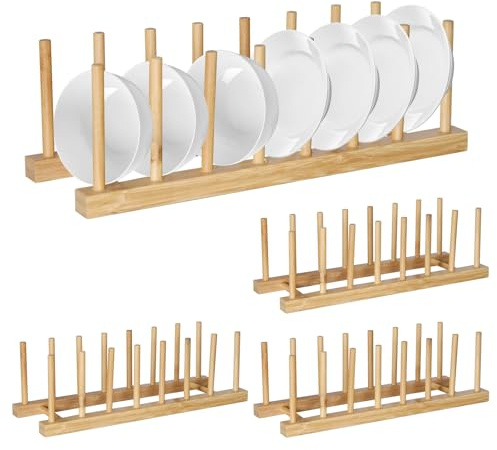 PRITOK Lot de 4 supports de drainage, porte-assiettes en bois, petit design à 7 compartiments, étagère de cuisine pour assiettes, vaisselle, livres, CD, planches à découper et couvercle de casserole