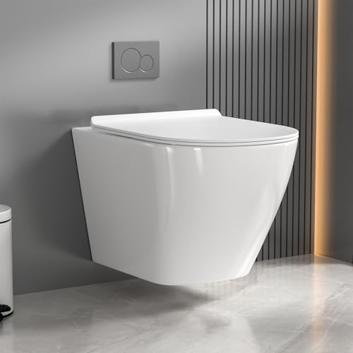 Skokliz Hänge WC spülrandlos Toilette - 52 cm lang 360° Einloch Superspin Spülung Wand WC, Keramik Toilettenbecken Toilettenspülung Geräuscharm, Kloschüssel und WC-Sitz mit Absenkautomatik, Weiß