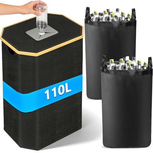 KDISHKRA 110L Poubelle de Recyclage, Collecteur de Bouteilles Consignées avec Couvercle et 2 Sacs de Transport, Collecteur d’Emballage de Boisson avec Trou, Cuisine, Rpoubelle Exterieur (Noir)
