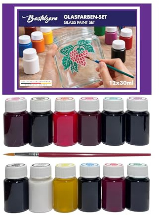 Bastelzone Kit de peinture pour verre avec pinceau – 12 couleurs de 30 ml – Peinture transparente sur verre à base d'eau pour décoration