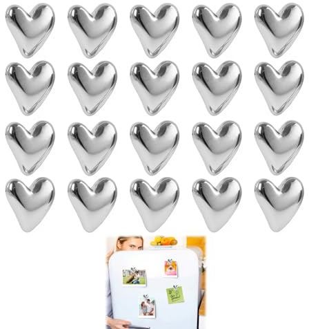 LUCTHY Heart Fridge Magnets, 20 Pack Resin Magnets for Whiteboard | 20 silver refrigerator magnets, 2x2cm. Hold notes, photos on fridge, whiteboard, cupboard, door. No marks