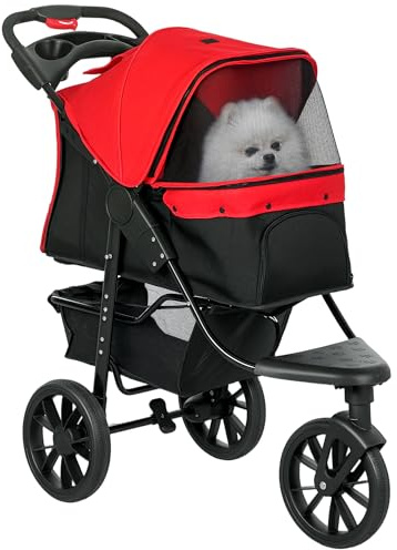 PawHut Hundewagen Klappbar Hundebuggy für Kleine Hunde bis 10 kg Rot | Katzenwagen, 3 Rädern, Netzfenstern, Getränkehalter, Ablagekorb, Bremse