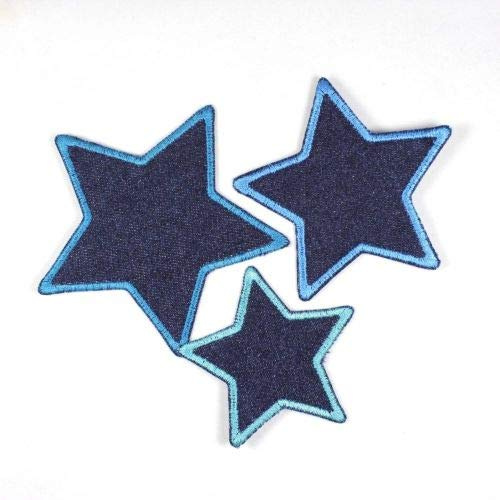 Flicken zum aufbügeln Set Sterne 3 Bügelflicken auf blue Jeans blau klein 7cm / mittel 8cm / groß 10cm Aufnäher als Bügelbilder geeignete Applikationen und Stern Accessoires gestickt