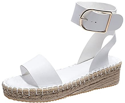 OverDose Sandales Espadrilles Plateforme Femme en Cuir, Été Bout Ouvert Compensées Chaussures avec Boucle Plateforme 5CM blanc 37