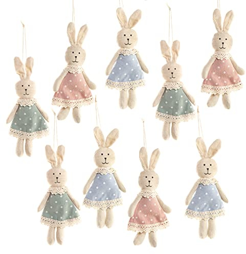 Osterhasen zum Aufhängen, 9er Set: Osteranhänger für Osterstrauch und Kinderzimmer, Deko Set mit Hasen, Stoff-Anhänger für Frühling und Ostern, Osterschmuck, Geschenkidee für Kinder, 17 cm