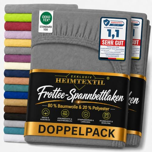 EXKLUSIV HEIMTEXTIL Frottee Spannbettlaken Doppelpack 200 x 220 cm 80% Baumwolle, 20% Polyester Öko - Tex Zertifiziert, Markenqualität, Matratzenhöhe bis 35 cm, Anthrazit