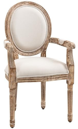HOMCOM Esszimmerstuhl Retro-Design Küchenstuhl mit Armlehnen und Dicker Polsterung Wohnzimmerstuhl Polsterstuhl im Leinen-Optik für Wohnzimmer Gummiholz Cremeweiß+ helle Holzfarbe 56 x 56 x 96 cm