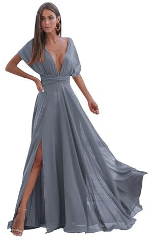 Beach Bridesmaid Dresses Long with Sleeves V-Neck A-Line Chiffon Backless Formal Evening Party Gown with Slit DR0094, Dusty Blue, 8