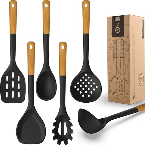 Grande set di utensili da cucina in silicone, resistente al calore, con manici in legno, set di spatole, set di utensili da cucina per pentole antiaderenti, senza BPA (grigio)