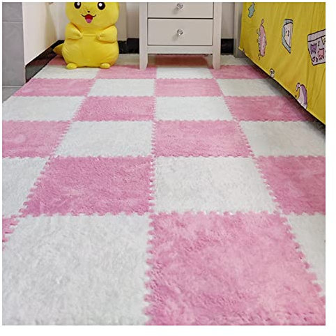 10 Ineinandergreifende Schaumstoff-Teppichfliesen, 30 X 30 cm Plüsch-Puzzle-Bodenmatte, Schalldichte Bodenfliesen Für Wohnzimmer, Schlafzimmer, Spielzimmer,White+pink,THK 6MM