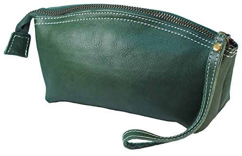 BAWAKO Premium Lederetui Clutch Kosmetiktasche Schminktasche aus Echtleder, Schickes Federmäppchen Kleines Mäppchen für Damen und Mädchen (Grün)