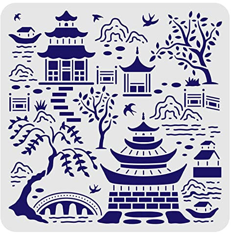 FINGERINSPIRE Toile Dessin Pochoir 30X30cm Réutilisable Oiseaux Arbre Montagnes Pochoir Bâtiments Pont Pochoir pour Peinture sur Bois, Sol, Meubles, Mur et Papier