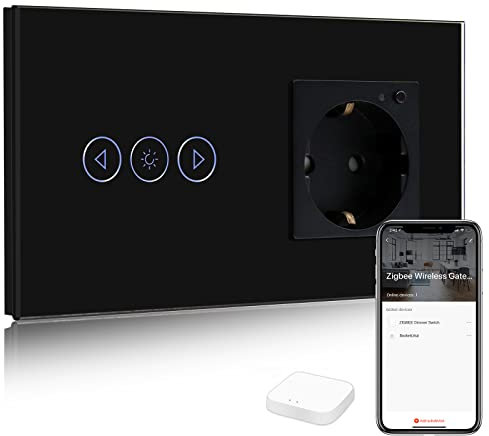 BSEED Smart ZigBee Dimmer Lichtschalter Mit Steckdose, Alexa Steckdose Mit Verbrauchsmessung, Kompatibel Mit Alexa Und Google Home, 1 Weg Touch Schalter Schwarz (Tuya ZigBee Hub Erforderlich)
