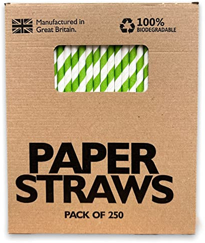 Topicals Lot de 250 pailles biodégradables en papier vert et blanc 200 x 6 mm