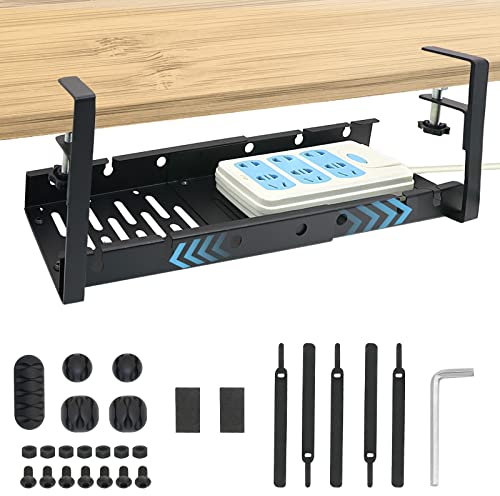 Yamlten Untertisch Schreibtisch Kabelkanal Ohne Bohren,12in~21in Einziehbarer Längen kabelmanagement Tray,Höhenverstellbarer Kabel Tidy Organizer Tray,mit 5 Kabelhalters und 5 Klettverschluss-schwarz