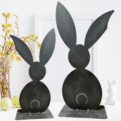 Terma Stahldesign Osterdeko XXL Osterhasen Set mit Bodenplatte grau mit Bodenplatte Handmade Germany Osterdeko für draußen und drinnen Gartendeko Frühling Metall Deko Ostern Hase außen innen
