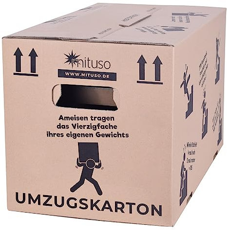 Umzugskartons 20 Stück 2‑wellig, extra stabil bis 40 kg, 600 x 330 x 350 mm, recycelte Pappe, schnell aufbauend ohne Klebeband, moving boxes sowie archivbox mit verstärkten Tragegriffen | mituso
