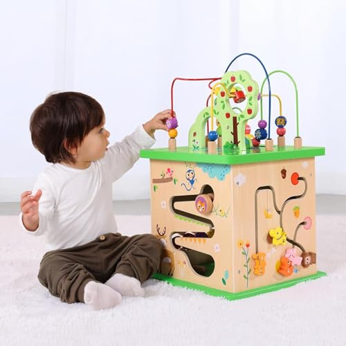TOOKYLAND 5 in 1 Activity Center, Wooden Large Activity Cube 23X13X13