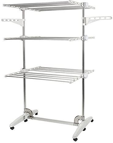 THINFAR - Secador de lavandería vertical y extensible de 4 niveles, con ruedas, de acero inoxidable, perfecto para uso al aire libre en balcón o interior, 82 x 50 x 142 cm