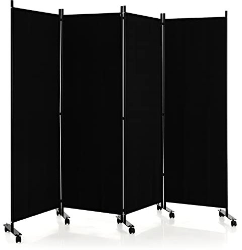 GOPLUS 4-teiliger Faltbarer Raumteiler, 225 x 173 cm Sichtschutz mit Metallrahmen, Paravent Trennwand mit Rollen für Wohnzimmer & Esszimmer (Schwarz)