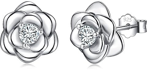 Silver Stud Earrings for Women Teens Girls, 925 Sterling Silver Flower Rose Studs Earrings | Hypoallergenic Cubic Zirconia Earring Helix Cartilage Earrings for Ladies Mum Daughter Kids Jewellery Gifts