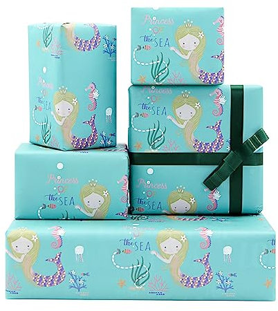 Meerjungfrau-Geschenkpapier, Prinzessin des Meeres, 4 Bögen mit smaragdgrünem Band und Geschenkanhänger und Grußkarte, für Mädchen, Kinder, Babys, Frauen, für ausgefallene Geburtstagsparty, Babyparty