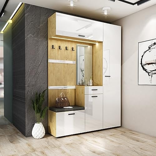 ARREDO DA CASA Mobile Ingresso Moderno con 4 Ganci Appendiabiti 1 Specchio 1 Armadio a Colonna 1 Pensile Orizzontale 1 Cassetto e 2 Ante Rovere Dorato e Bianco Lucido IU30