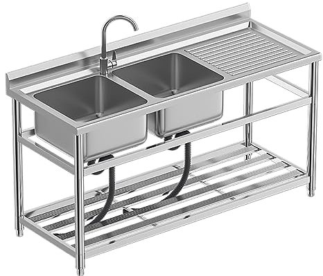 Spültisch Gastrospüle 2 Becken Spülbecken Edelstahlspüle Küchenspüle Doppelbecken Spüle Arbeitstisch Waschbecken Edelstahl mit Kalt und Warmwasserschläuchen Wasserhahn 160cm Left