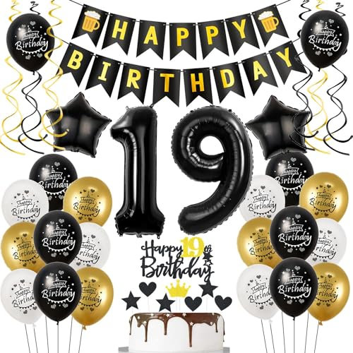 Luftballons 19. Geburtstag Schwarz Golden, Geburtstagsdeko 19 Jahre Junge mädchen, Ballon 19. Geburtstag, Folienballon Zahl 19, deko 19. geburtstag mädchen, Tortendeko 19 Junge Deko