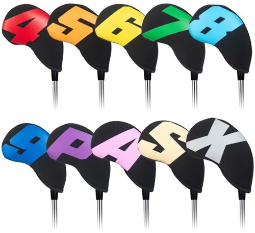 Golf Iron Club Head Covers Men 10Pcs Set for Right-hand 4-9,P,A,S,X Headcovers Protector Black Neoprene Colorful Big Number