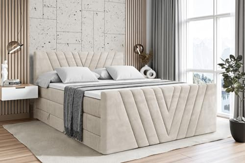 ALTDECOR Boxbett H3 H4 Matratze ERNI-Z King - 200x200 - Beige | Lattenrost, Topper, Boxspringbett mit Bettkasten, Bett mit Stauraum, Doppelbett, Polsterbett