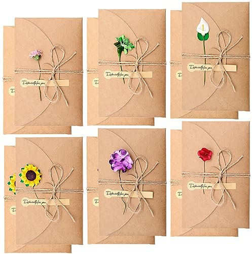 12 Stück Grußkarten, Umschläge blanko aus Kraftpapier, Retro, Postkarten, dekoriert mit getrockneten Blumen, unbesetzte Notizkarten für Geburtstag