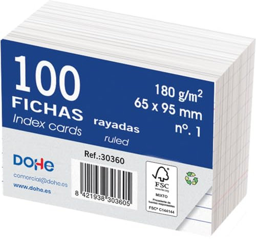 Dohe Karteikarten aus Karton, liniert, 100 Stück, Karten zum Schreiben, Größe 9,5 x 6,5 cm, 180 g, Nr. 1, Büromaterial, Weiß