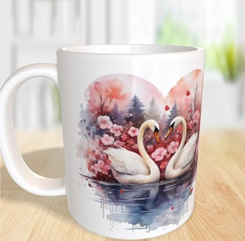 Wunderschöne Kaffeetasse (330ml) 2 verliebte Schwäne im Herz Personalisierbar Tasse Becher Druck Mug Fotorealistisch süß Geschenk Herz Geburtstag Liebe Blumen See Schwäne Wasserfarben Watercolor