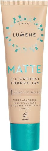 Lumene Matt Control Oil Free Foundation for Oily and Combination Skin Full Coverage with Arctic Cloudberry 30 ml / 1.0 Fl.Oz. (1 Classic Beige SPF20)